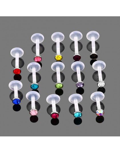14 sztuk CZ Jeweled elastyczne bioplastyczne akrylowe Push-in Labret Monroe Lip Bar Stud Tragus chrząstka Earing Piercing biżute