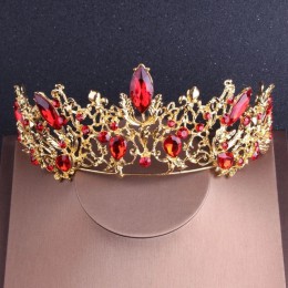 Barokowy Vintage złoty czerwony kryształ zestawy biżuterii ślubnej Rhinestone diadem korona Choker naszyjnik kolczyki zestaw akc