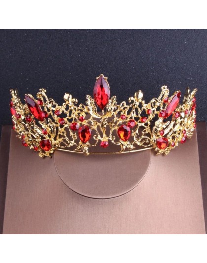 Barokowy Vintage złoty czerwony kryształ zestawy biżuterii ślubnej Rhinestone diadem korona Choker naszyjnik kolczyki zestaw akc