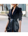 MissyChilli czarny Pu skórzany pas długi płaszcz z rękawami kobiety elegancka perła streetwear znosić jesienno-zimowy seksowny p
