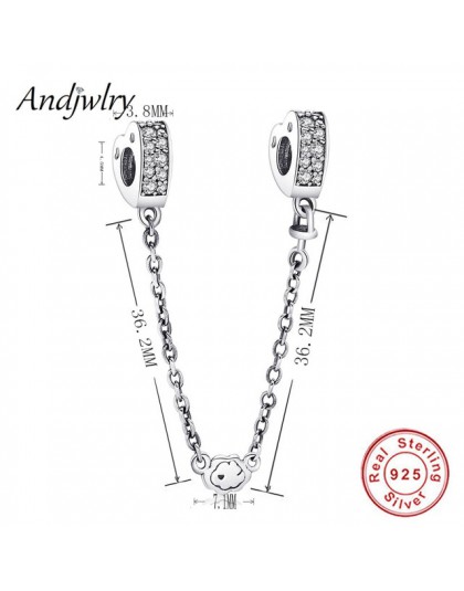 Fit oryginalny Pandora Charms bransoletka 925 Sterling srebrno-biały cyrkon łańcuch bezpieczeństwa serce Charm koraliki do biżut