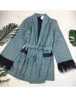 2020 niebieski nadruk Kimono kurtka z piór rękawy szerokie nogawki luźne Cuasal spodnie damskie ubrania vintage garnitury