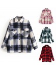 Plaid Overshirt mieszanka wełny kurtka sprawdź z kołnierzykiem z klapami długi płaszcz z rękawami kobiety ponadgabarytowe kiesze