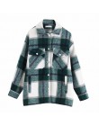 Plaid Overshirt mieszanka wełny kurtka sprawdź z kołnierzykiem z klapami długi płaszcz z rękawami kobiety ponadgabarytowe kiesze