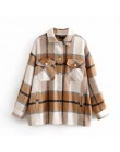 Plaid Overshirt mieszanka wełny kurtka sprawdź z kołnierzykiem z klapami długi płaszcz z rękawami kobiety ponadgabarytowe kiesze
