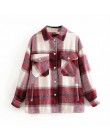 Plaid Overshirt mieszanka wełny kurtka sprawdź z kołnierzykiem z klapami długi płaszcz z rękawami kobiety ponadgabarytowe kiesze