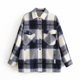 Plaid Overshirt mieszanka wełny kurtka sprawdź z kołnierzykiem z klapami długi płaszcz z rękawami kobiety ponadgabarytowe kiesze