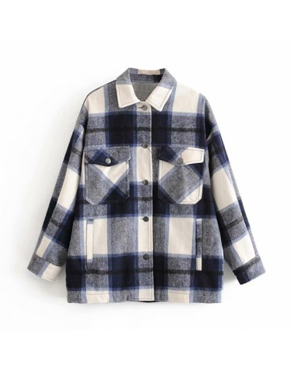 Plaid Overshirt mieszanka wełny kurtka sprawdź z kołnierzykiem z klapami długi płaszcz z rękawami kobiety ponadgabarytowe kiesze