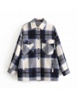 Plaid Overshirt mieszanka wełny kurtka sprawdź z kołnierzykiem z klapami długi płaszcz z rękawami kobiety ponadgabarytowe kiesze