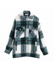 Plaid Overshirt mieszanka wełny kurtka sprawdź z kołnierzykiem z klapami długi płaszcz z rękawami kobiety ponadgabarytowe kiesze