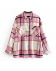 Plaid Overshirt mieszanka wełny kurtka sprawdź z kołnierzykiem z klapami długi płaszcz z rękawami kobiety ponadgabarytowe kiesze