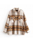 Plaid Overshirt mieszanka wełny kurtka sprawdź z kołnierzykiem z klapami długi płaszcz z rękawami kobiety ponadgabarytowe kiesze