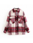 Plaid Overshirt mieszanka wełny kurtka sprawdź z kołnierzykiem z klapami długi płaszcz z rękawami kobiety ponadgabarytowe kiesze