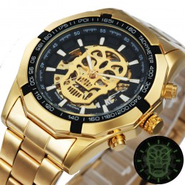 Zwycięzca oficjalny złoty automatyczny zegarek mężczyźni stalowy pasek szkielet mechaniczny czaszka zegarki Top marka luksusowe 