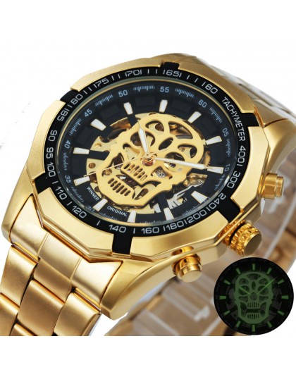 Zwycięzca oficjalny złoty automatyczny zegarek mężczyźni stalowy pasek szkielet mechaniczny czaszka zegarki Top marka luksusowe 