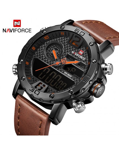 Męskie zegarki do luksusowej marki mężczyźni skórzane zegarki sportowe NAVIFORCE męska kwarcowy LED cyfrowy zegar wodoodporny wo