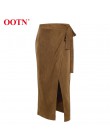 OOTN Khaki zamszowe długie spódnica kobiety jesień zima w stylu casual, kopertowa spódnica koronki Up kobiety spódnica midi z wy