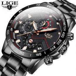 2020 LIGE moda męskie zegarki ze stali nierdzewnej Top marka luksusowe Sport zegarek chronograf kwarcowy mężczyźni czarny zegare