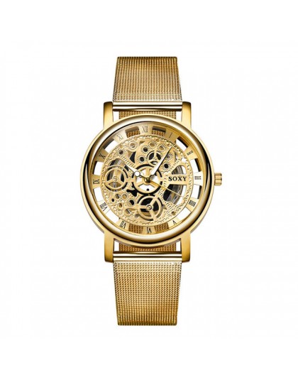 SOXY zegarek 2019 szkielet Wrist Watch mężczyźni prosty styl pasek z siatki mężczyźni kobiety zegarki kwarcowe unisex zegarki z 