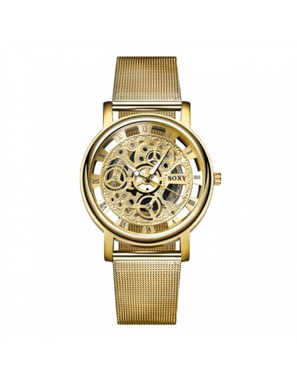 Moda SOXY zegarek srebrny i złoty luksus Hollow stalowe zegarki mężczyźni kobiety Unisex Hombre zegarek kwarcowy zegar Retro Rel