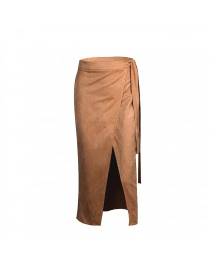OOTN Khaki zamszowe długie spódnica kobiety jesień zima w stylu casual, kopertowa spódnica koronki Up kobiety spódnica midi z wy