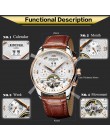 KINYUED Skeleton mechaniczny zegarek z tourbillonem mężczyźni automatyczne kolczyki Classic Rose złoty skórzany mechaniczne zega