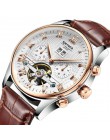 KINYUED Skeleton mechaniczny zegarek z tourbillonem mężczyźni automatyczne kolczyki Classic Rose złoty skórzany mechaniczne zega