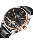 KINYUED Skeleton mechaniczny zegarek z tourbillonem mężczyźni automatyczne kolczyki Classic Rose złoty skórzany mechaniczne zega