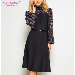 S. FLAVOR kobiety jesień zima w stylu Vintage sukienka trapezowa bez pasa elegancki kwiat wydruku Patchwork z długim rękawem suk