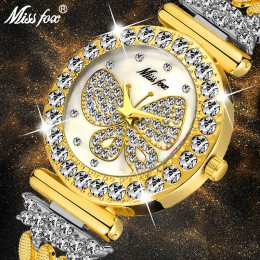 MISSFOX motyl kobiet zegarki luksusowe marka duży diament 18 K złoty zegarek wodoodporny specjalne bransoletki drogie panie zega