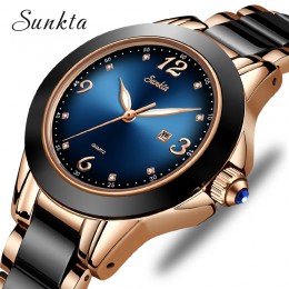 SUNKTA moda damska zegarki Top damski marka luksusowy ceramiczny Rhinestone sportowy zegarek kwarcowy kobiety niebieski wodoodpo
