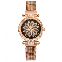 Top marka kobiety Mesh klamra magnetyczna szczęście zegarek z kwiatami luksusowe panie geometryczne powierzchni kwarcowy zegarek