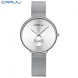 Moda damska zegarek luksusowy CRRJU Casual proste panie sukienka na co dzień Mesh zegarek minimalistyczny wodoodporny zegar kwar