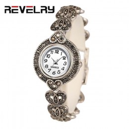 REVELRY 2019 nowy luksusowy zegarek kwarcowy kobiety stylowe antyczne srebro zegarki damskie jasnoczarny kryształ rocznika brans