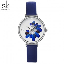 Shengke zegarki damskie Top marka luksusowy skórzany pasek zegarek dla kobiet niebieskie pióro zegar stylowy zegarek kwarcowy da