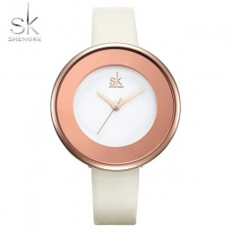 Shengke marka luksusowe zegarki damskie kobieta biały zegarek z paskiem skórzanym Mixmatch sukienka kwarcowy zegar Ultra cienki 