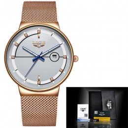 2020 nowy LIGE moda damska zegarki Top marka luksusowe proste wąski zegarek kobiety wodoodporny pasek z siatki złoty zegarek Rel