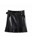 Stylowa elegancka spódniczka mini ze skóry pu z paskiem Za modne damskie spódnice z wysokim stanem plisowane spódnice casualowe 