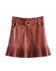 Stylowa elegancka spódniczka mini ze skóry pu z paskiem Za modne damskie spódnice z wysokim stanem plisowane spódnice casualowe 