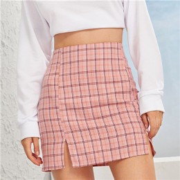 SHEIN Plaid rozcięcia po bokach Bodycon Mini spódnica kobiet dna 2019 jesień Streetwear Casual Line podstawowe panie płaszcza sp