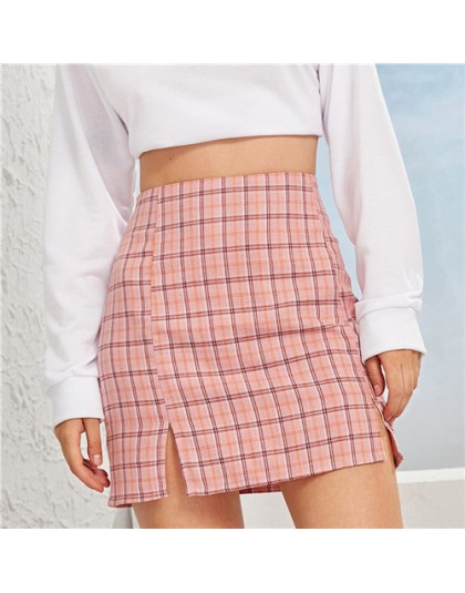 SHEIN Plaid rozcięcia po bokach Bodycon Mini spódnica kobiet dna 2019 jesień Streetwear Casual Line podstawowe panie płaszcza sp