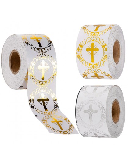 Religijne Christian Cross naklejki złota lub srebrna folia okrągłe etykiety na chrzciny komunia chrześcijańskie okazje uszczelni