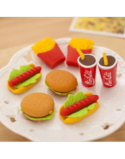 Hurtownie! Śliczne Kawaii ciasto Hamburger jedzenie napój koks zestaw gumek do ścierania papiernicze szkolne biuro wymaż dostawy