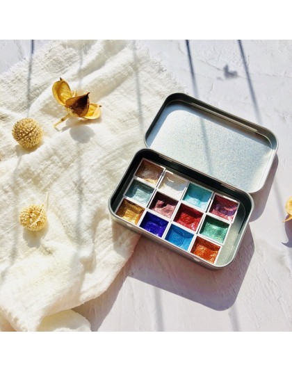 Handmade 12 kolorów brokat kolor wody zestaw Acuarelas metaliczny złoty aquarela Pigment farby malowanie artystyczne akwarele do