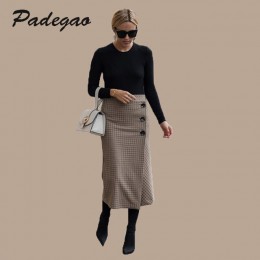 AEL Retro kobiet wysokiej talii asymetria wełniana spódnica trzy czwarte Wrap nowa, w kratę kobiety odzież w stylu Vintage moda 