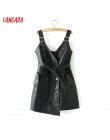 2019 jesienno-zimowa damska PU Faux skórzana sukienka z paskiem V Neck seksowna wąska w stylu Retro czarna sukienka Mini vestido