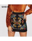 SHEIN czarna botaniczna haftowana teksturowana spódnica w stylu casual, na zamek błyskawiczny wyjściowa krótka spódniczka damska