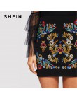 SHEIN czarna botaniczna haftowana teksturowana spódnica w stylu casual, na zamek błyskawiczny wyjściowa krótka spódniczka damska