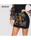 SHEIN czarna botaniczna haftowana teksturowana spódnica w stylu casual, na zamek błyskawiczny wyjściowa krótka spódniczka damska