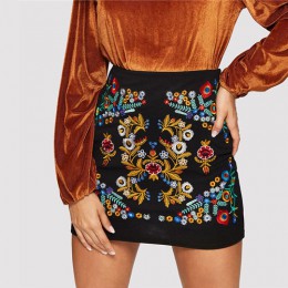 SHEIN czarna botaniczna haftowana teksturowana spódnica w stylu casual, na zamek błyskawiczny wyjściowa krótka spódniczka damska